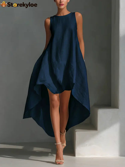 Women’s White Linen Fabric Sleeveless Midi Dress With Round Neck - Navy blue / XS