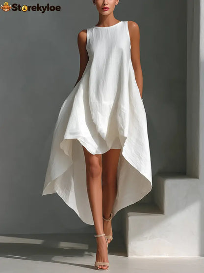 Women’s White Linen Fabric Sleeveless Midi Dress With Round Neck - White / XS