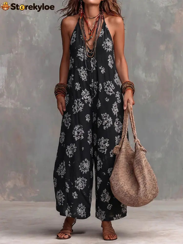 Women’s Yellow Boho Floral Halter Wide-Leg Jumpsuit - Black / S