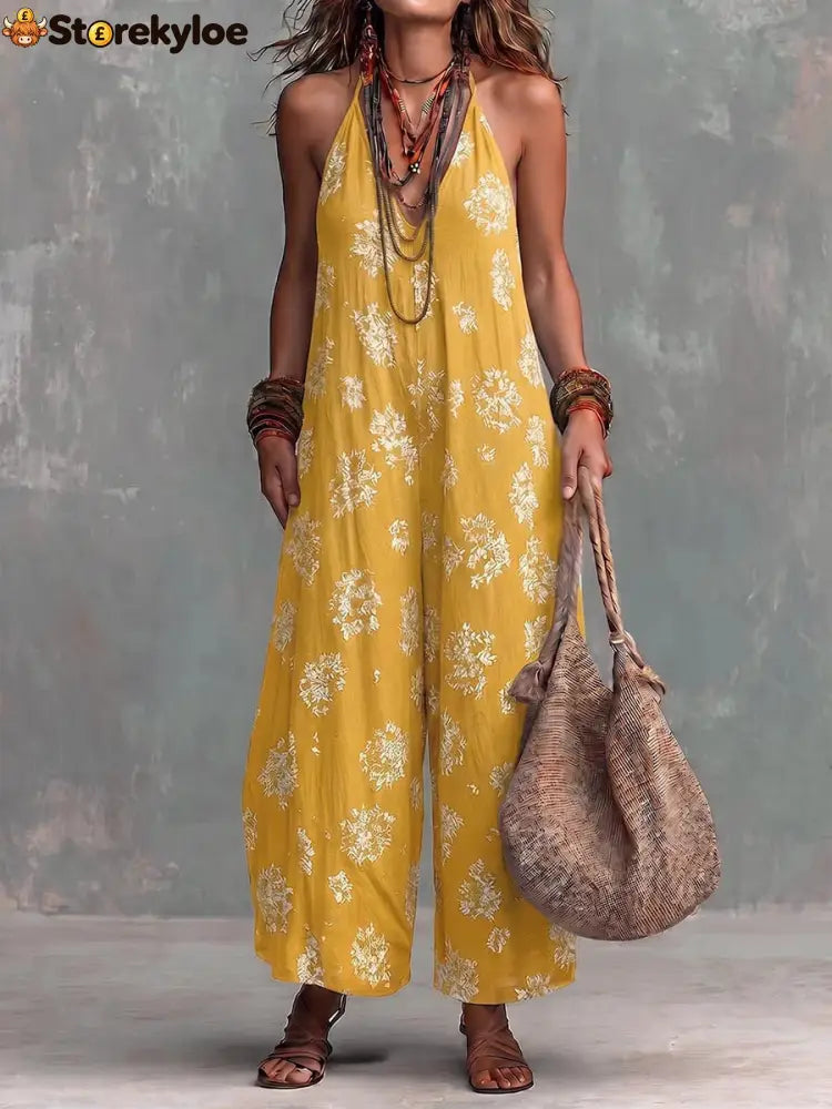 Women’s Yellow Boho Floral Halter Wide-Leg Jumpsuit - Yellow / S