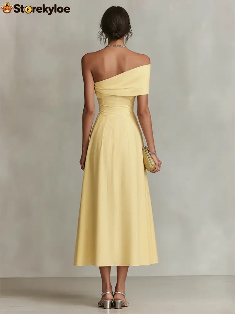 Yellow Linen Dress With One-Shoulder Neckline & Fitted Waist