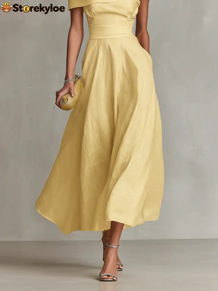 Yellow Linen Dress With One-Shoulder Neckline & Fitted Waist