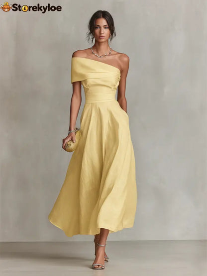 Yellow Linen Dress With One-Shoulder Neckline & Fitted Waist