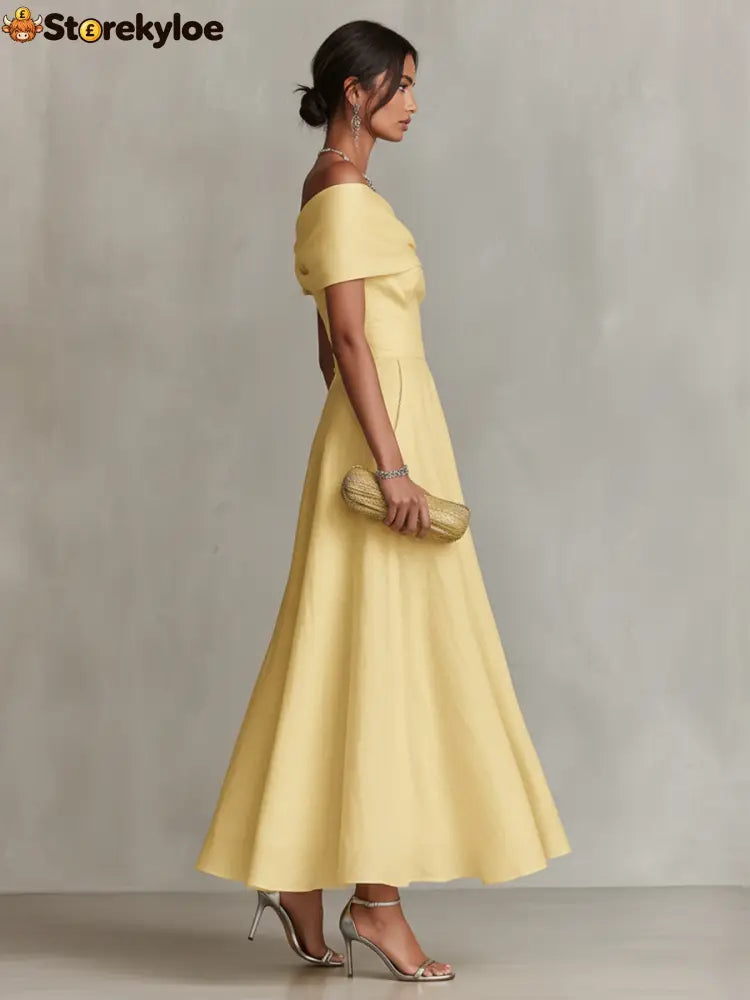 Yellow Linen Dress With One-Shoulder Neckline & Fitted Waist
