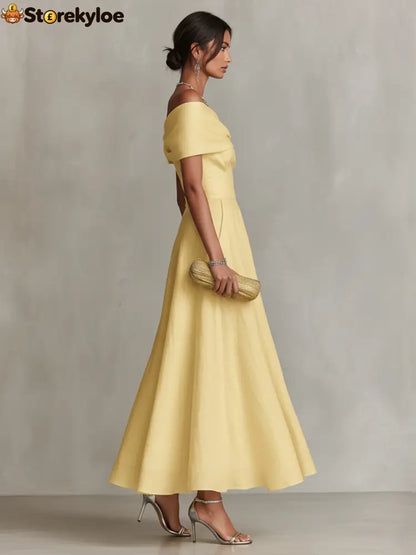 Yellow Linen Dress With One-Shoulder Neckline & Fitted Waist