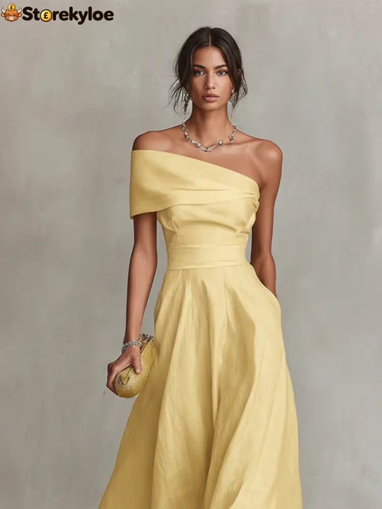 Yellow Linen Dress With One-Shoulder Neckline & Fitted Waist