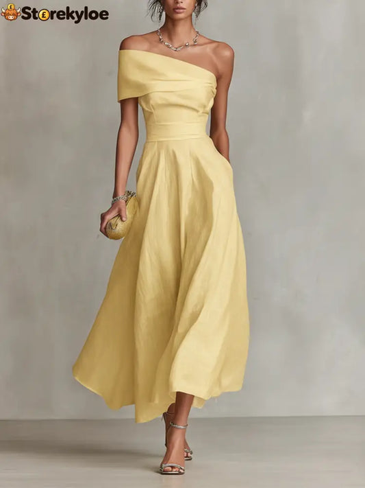 Yellow Linen Dress With One-Shoulder Neckline & Fitted Waist - Yellow / XS