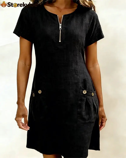 Zipper Pocket Cotton Linen Dress