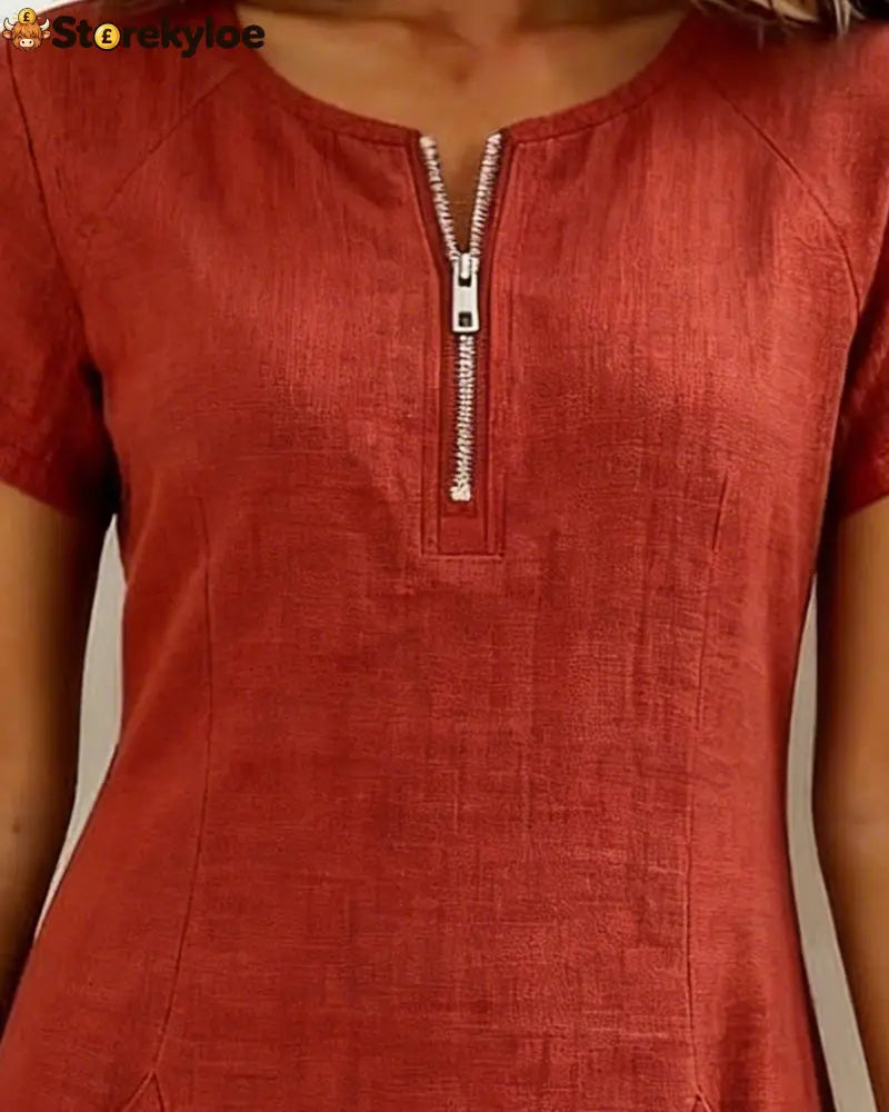 Zipper Pocket Cotton Linen Dress