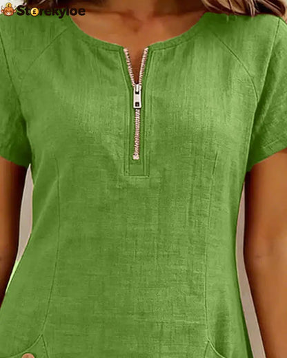 Zipper Pocket Cotton Linen Dress