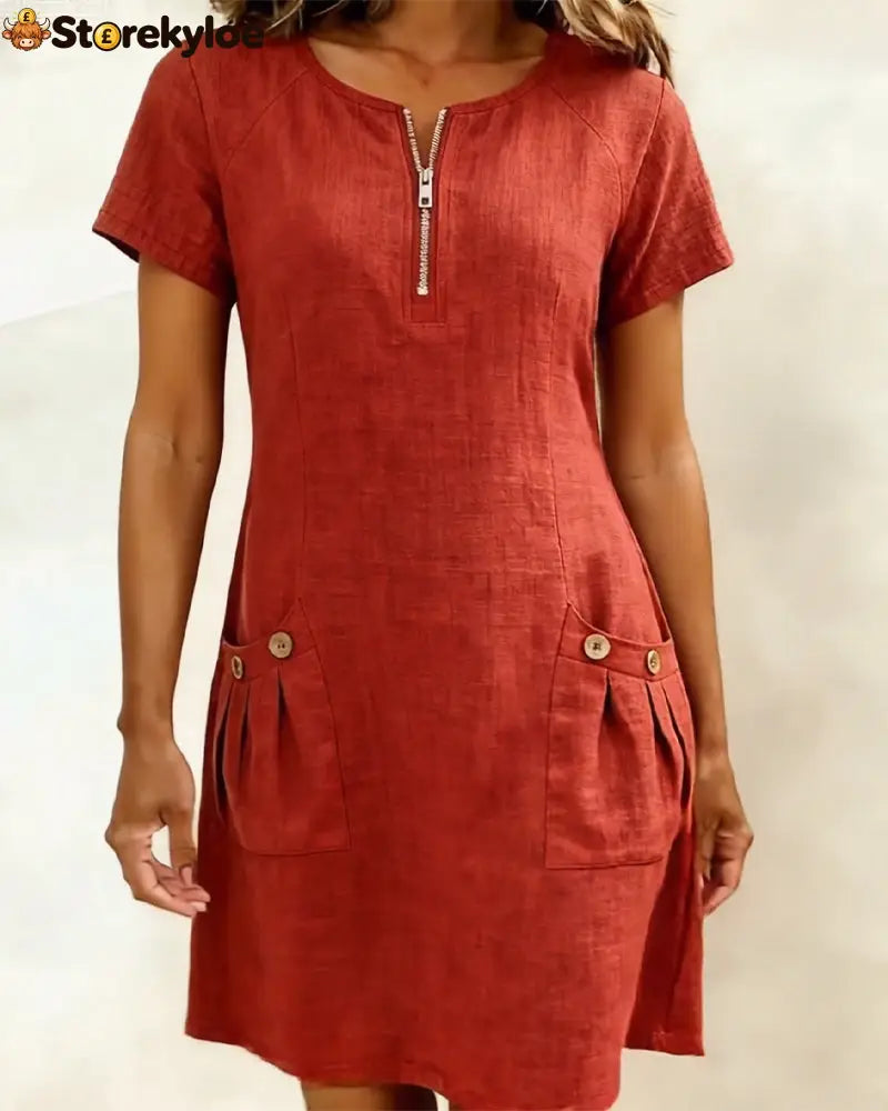 Zipper Pocket Cotton Linen Dress
