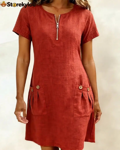 Zipper Pocket Cotton Linen Dress
