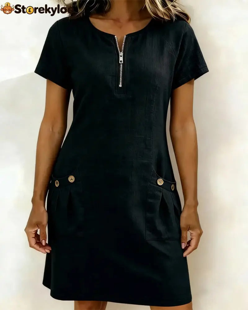 Zipper Pocket Cotton Linen Dress - Black / S