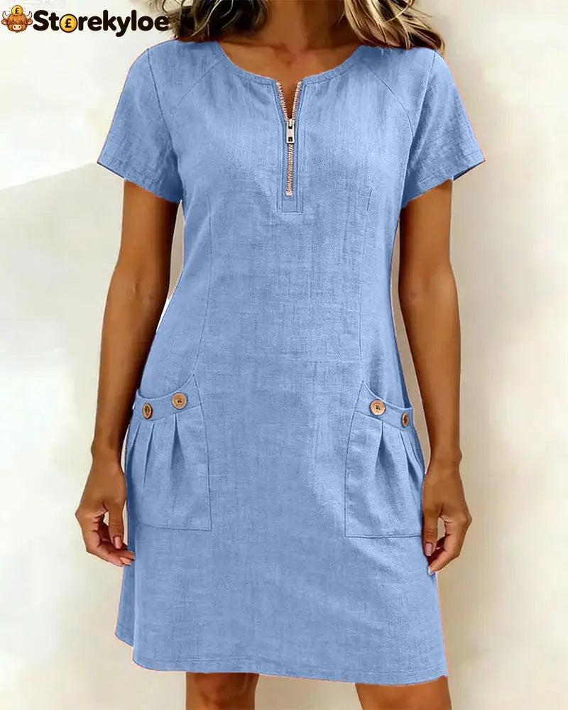 Zipper Pocket Cotton Linen Dress - Blue / S