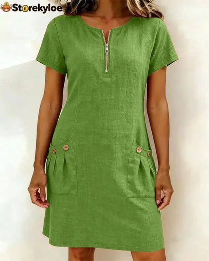 Zipper Pocket Cotton Linen Dress - Green / S