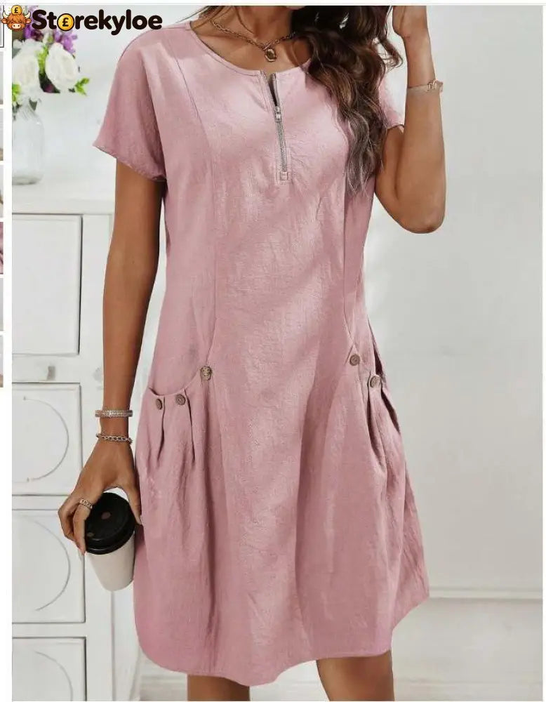 Zipper Pocket Cotton Linen Dress - Pink / S