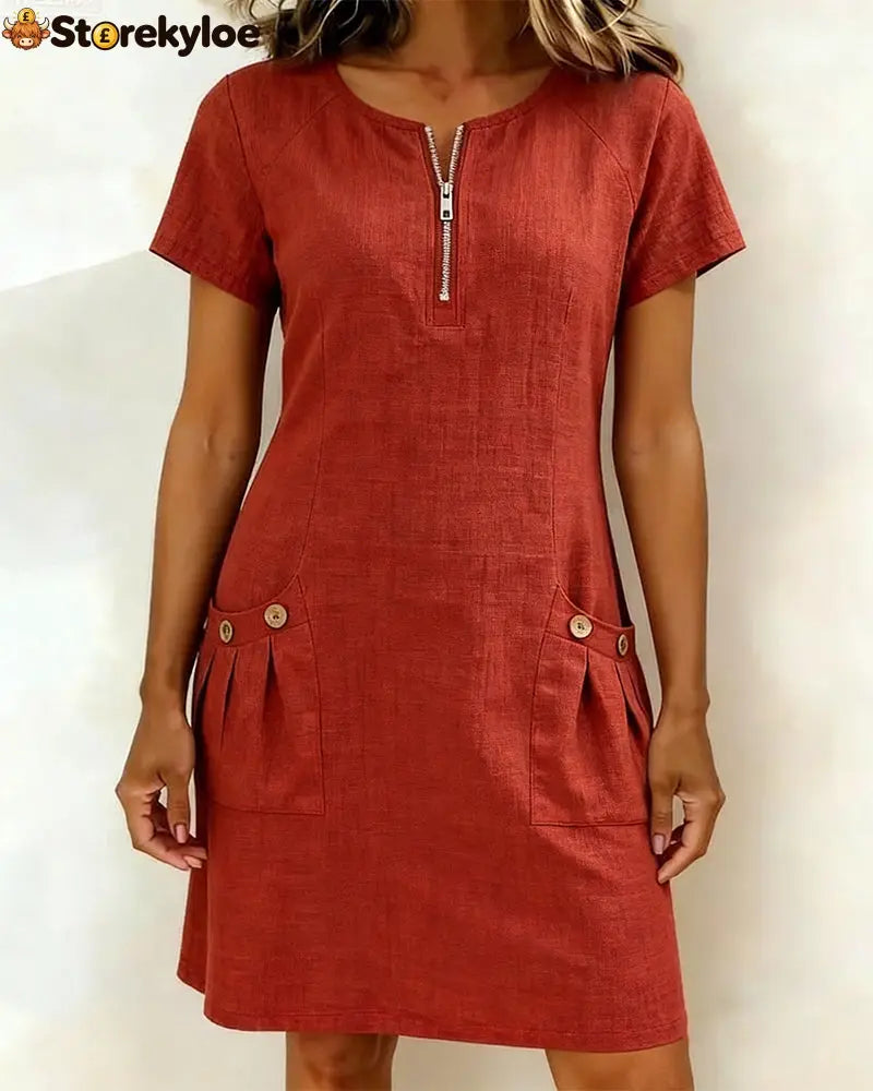 Zipper Pocket Cotton Linen Dress - Red / S