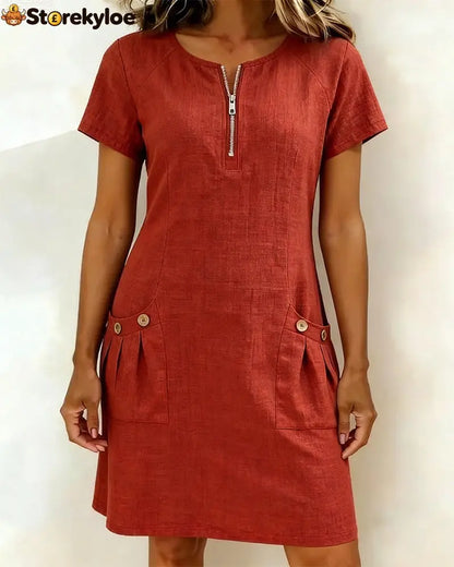 Zipper Pocket Cotton Linen Dress - Red / S